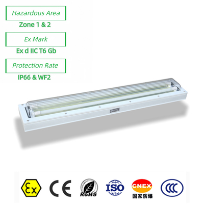 Exproof ATEX Lumière fluorescente linéaire ignifuge contre la poussière/l'eau pour la zone dangereuse 1 2 Gaz pétrolier 100lm/watt