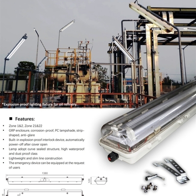 Économie d'énergie durable ATEX & IECEx Certifié Lumière fluorescente ignifuge Lumière linéaire industrielle pour les environnements de gaz et de poussière explosifs